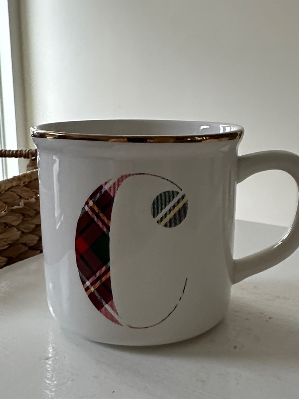 Pottery Barn White Ceramic Mug with Plaid Monogram and Gold Rim